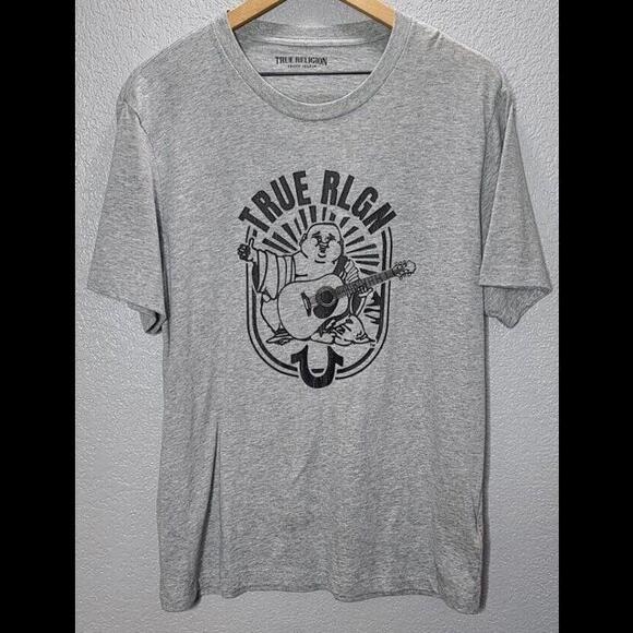 True Religion T-shirt Mens Heather Gray Short Sleeve Arch Logo Guitar Sz L - Picture 1 of 5